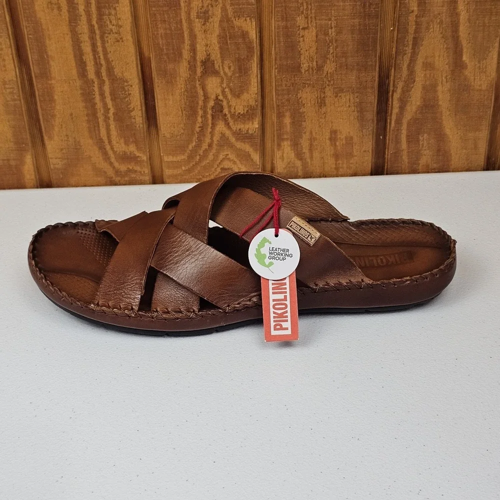 Pikolinos Tarifa Slide Sandals Men Sz 46 / 12 Brown Leather Slip On Open Toe NEW